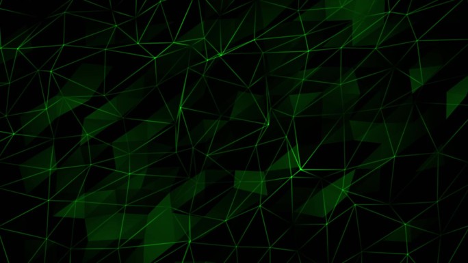 绿色闪烁线和点与多个多边形形状的黑色背景，黑暗未来的3d技术背景