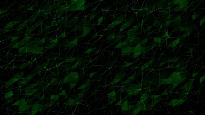 绿色闪烁线和点与多个多边形形状的黑色背景，黑暗未来的3d技术背景