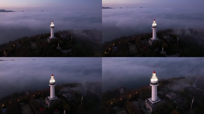 山东烟台平流雾下的灯塔