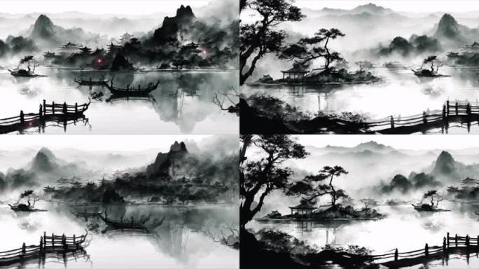 宽屏6k中国风水墨山背景循环