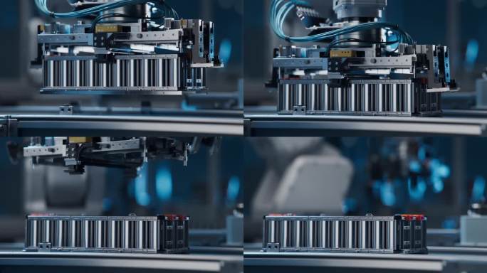 机器人手臂将电动汽车电池组模块放置在传送带上的特写。锂离子电池芯生产线。自动化高容量生产智能工厂