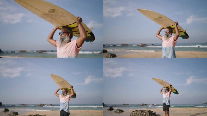 黑人老人将冲浪板举过头顶遮挡阳光，准备在海水中冲浪。戴着墨镜的灰胡子老人打算在退休旅行中独自在海边游