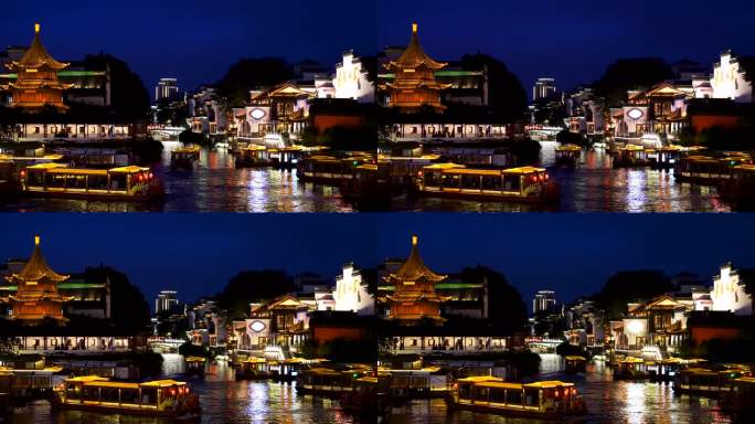 观光船行驶在南京秦淮河的夜景风光