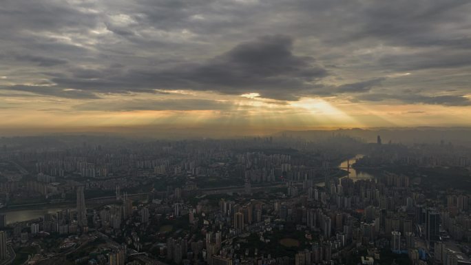 重庆沙坪坝城市大景耶稣光航拍延时