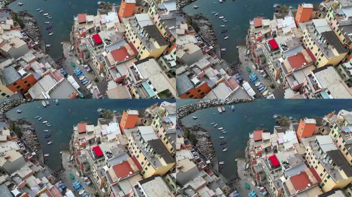 欧洲、意大利、利古里亚、五渔村——无人机鸟瞰里奥马焦雷——五渔村是越来越受游客欢迎的旅游景点，来自世
