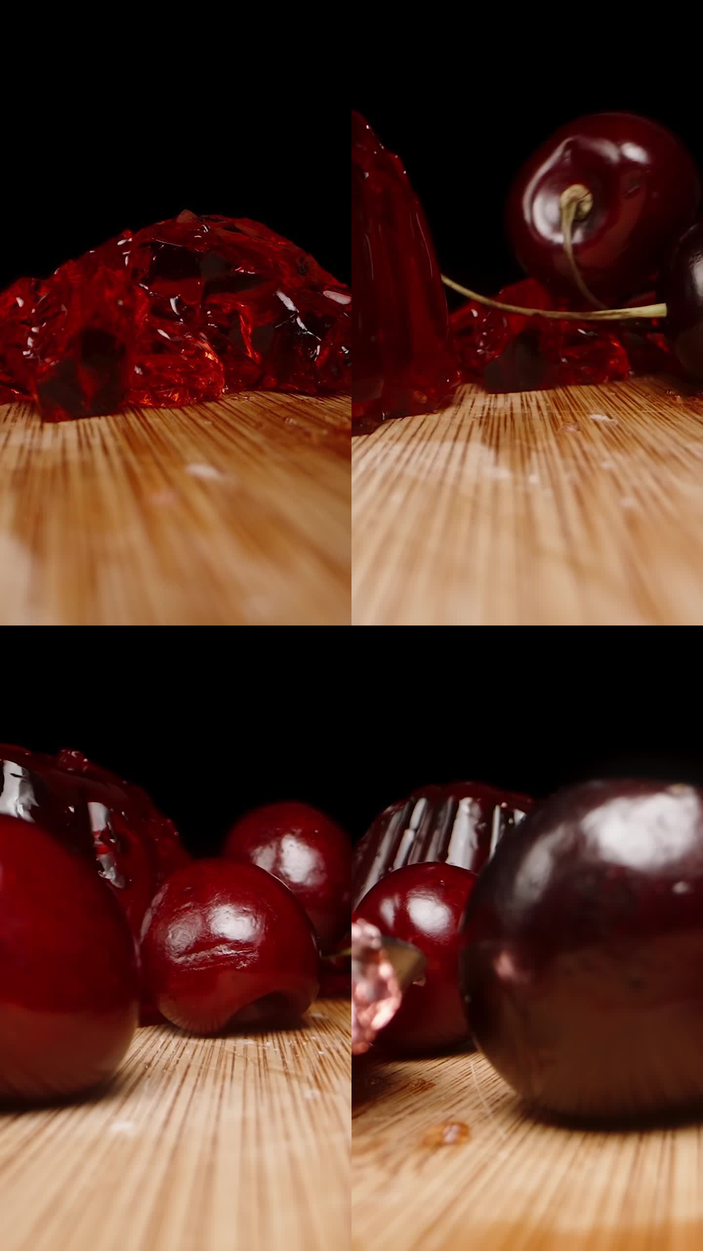 垂直视频。樱桃浆果从上面掉到自制的红色果冻上，一切都在慢动作中晃动。多莉滑块极端特写。