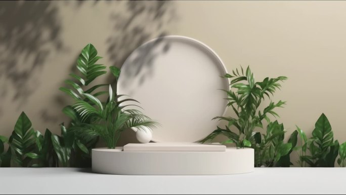 带植物的讲台圆形展示，带影叶的产品展示。