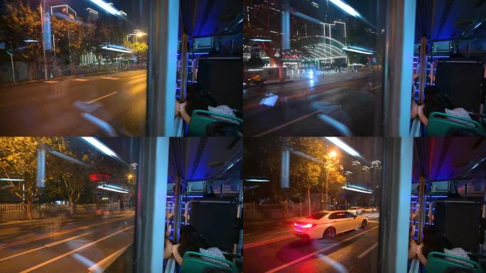 实拍4k夜晚公交车内内部视角升格视频