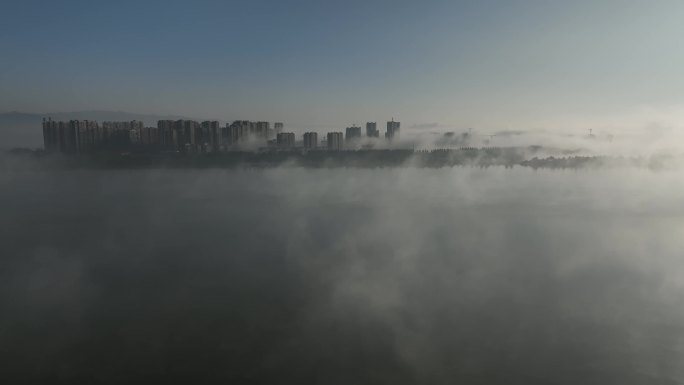 大同文瀛湖水雾4K航拍视频