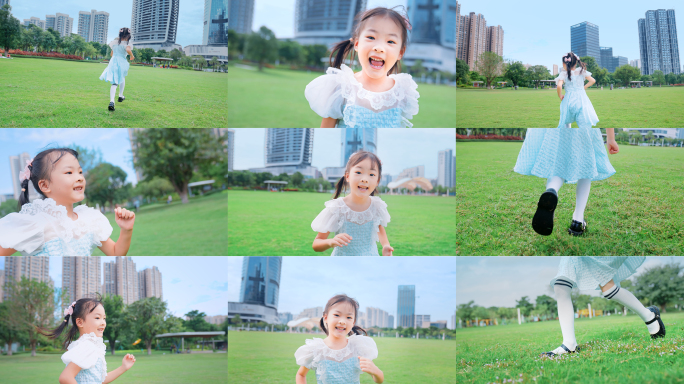 公园草坪开心奔跑的小女孩
