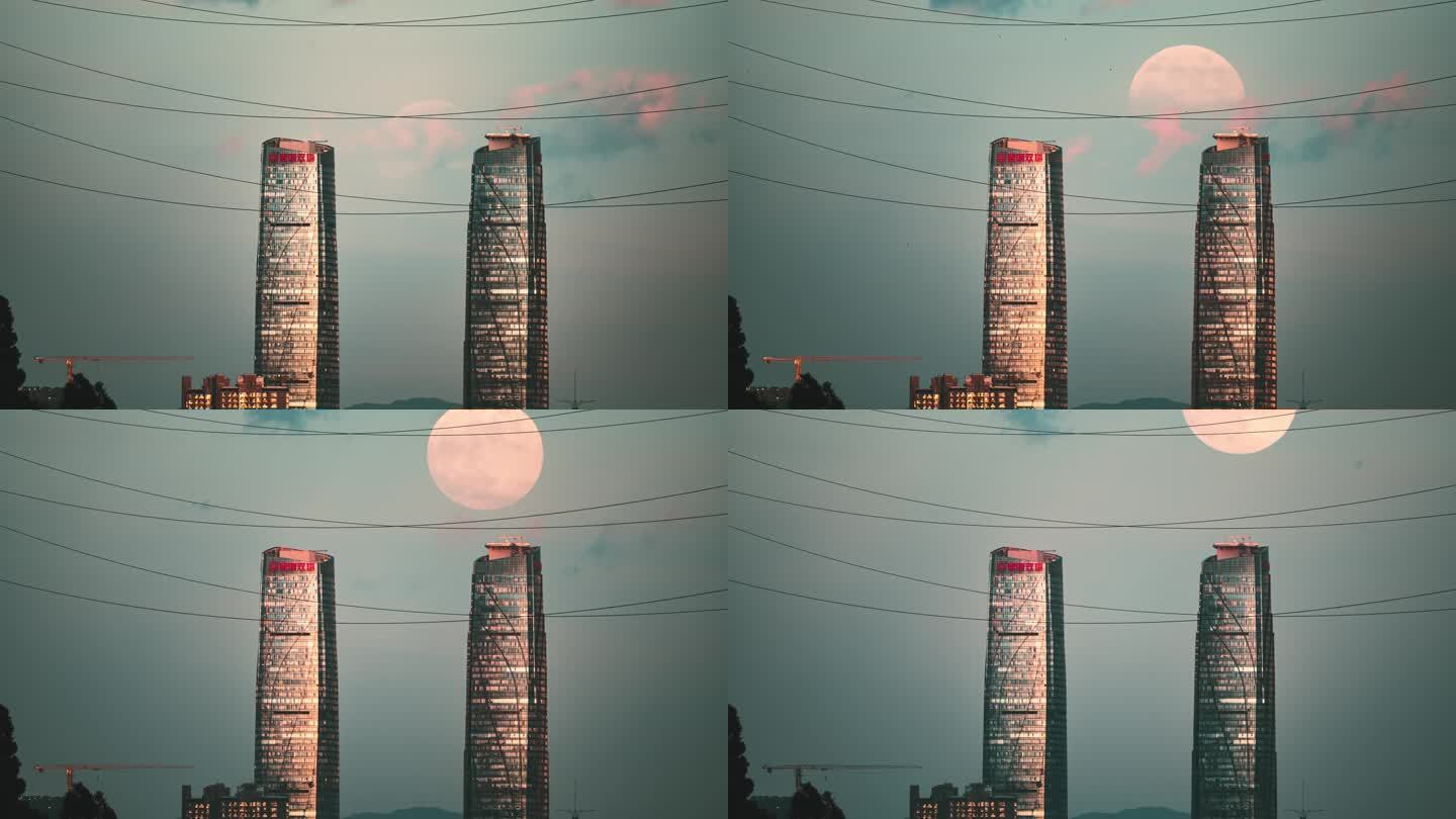 【4K】月亮从城市升起