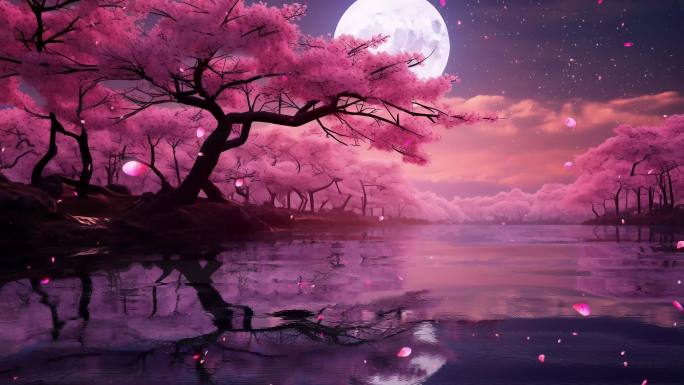 唯美古风大树湖边月亮
