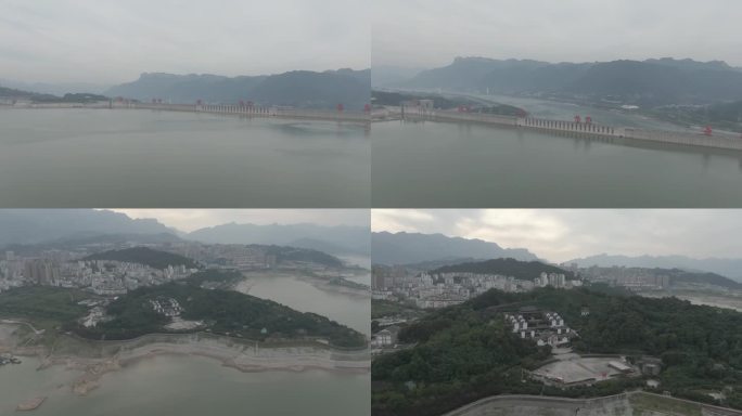 屈原故居景区水坝航拍4K 长江三峡大坝