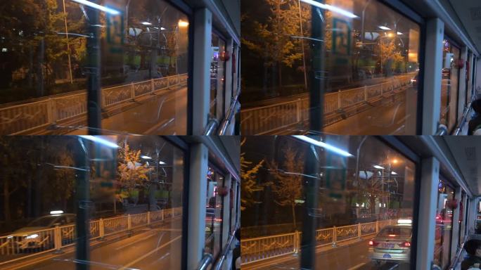 实拍4k夜晚公交车内内部视角升格视频