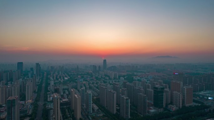 山东日照城市日落晚霞夕阳航拍延时