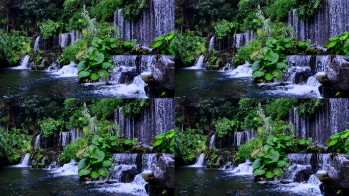 中式园林景观假山瀑布流水慢动作