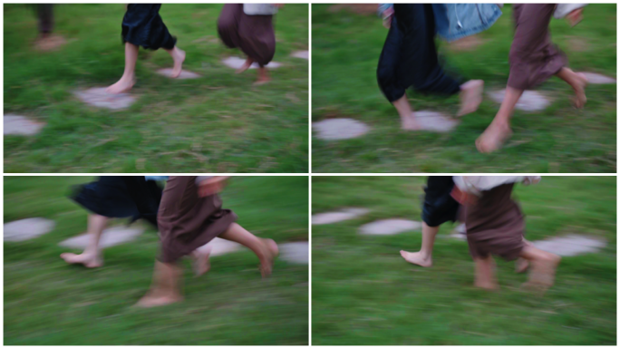 两个女生光着脚在草地上奔跑