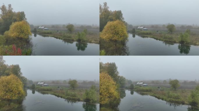 晨雾中的河岸农舍