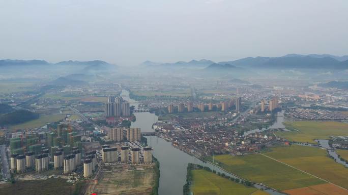 4K绍兴城南城西清晨薄雾350米高空拍摄