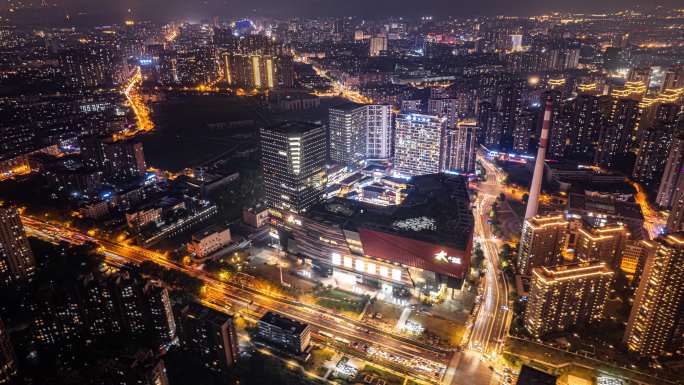 杭州拱墅区大悦城购物中心商场夜景航拍延时