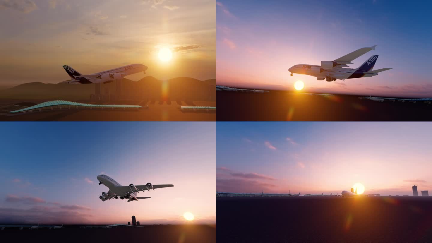 机场客机起飞日出太阳升起