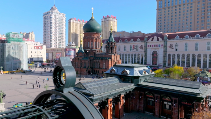 索菲亚教堂哈尔滨地标航拍城市宣传欧陆风情