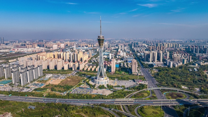 河南郑州中原福塔航拍城市风景