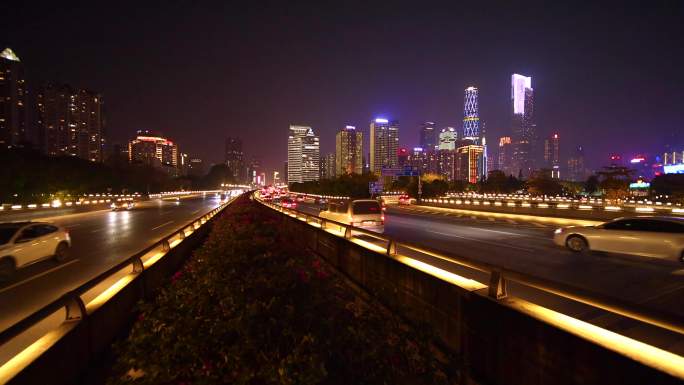 夜晚广州车流交通车辆缓慢行驶