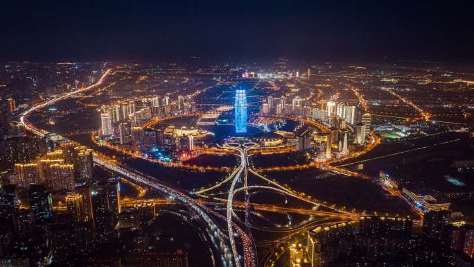 河南郑州市中心CBD大玉米楼航拍城市夜景