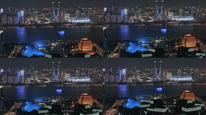 航拍杭州钱塘江两岸灯光秀夜景城市宣传片
