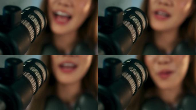 在家庭演播室里，快乐的年轻亚洲女性电台主持人或播客主播戴着耳机，在专业麦克风上讲话，播放播客
