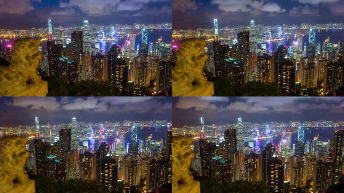 香港城市天际线4K夜间延时灯光海港