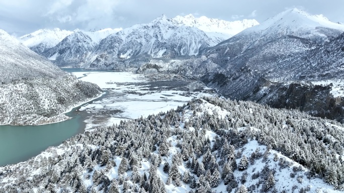 西藏昌都然乌湖，雪山，森林的航拍自然风光