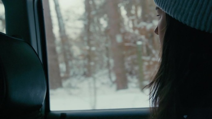 忧郁的女人坐在车里。望着窗外白雪覆盖的树木