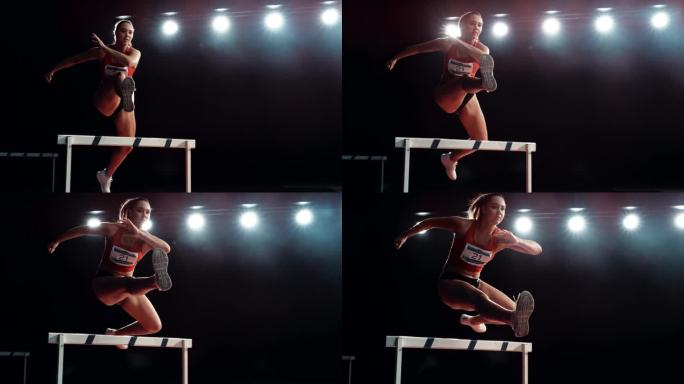 跨栏的超级慢动作镜头与速度斜坡效果。在一场比赛中，强壮的女运动员冲向障碍，在冲刺中以高速跳过障碍
