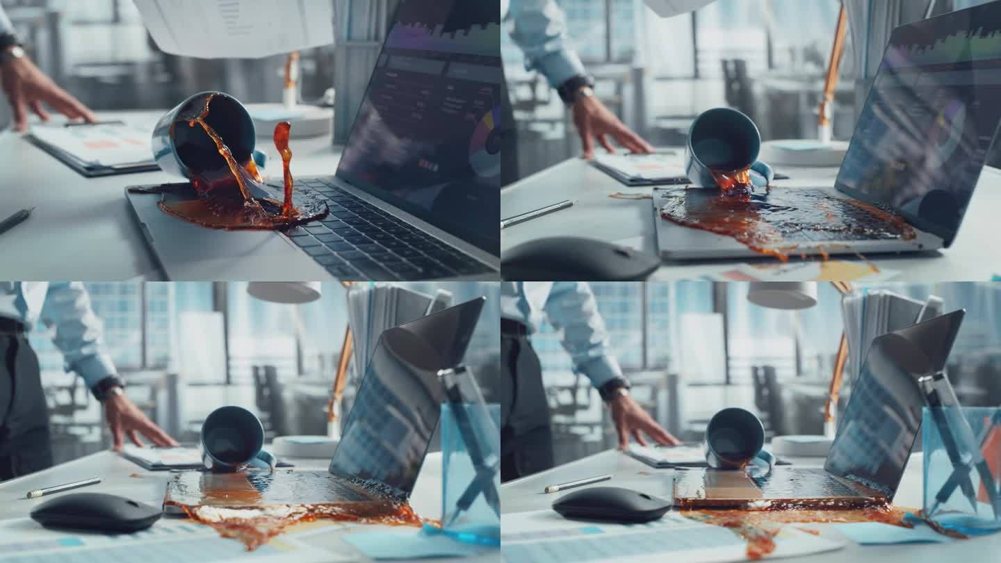 一个办公室经理不小心把热咖啡洒在工作的笔记本电脑上。电影真正的超级慢动作镜头与速度斜坡效果