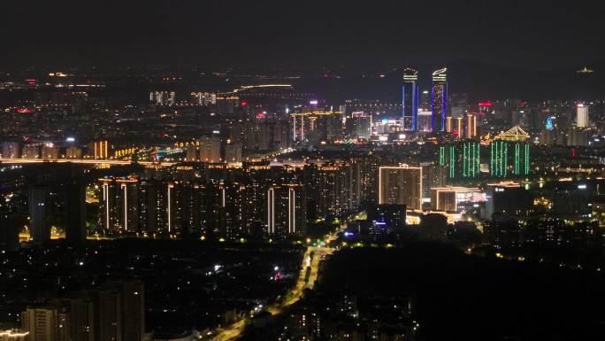 航拍湖州建筑桥梁双子塔喜来登夜景体育馆