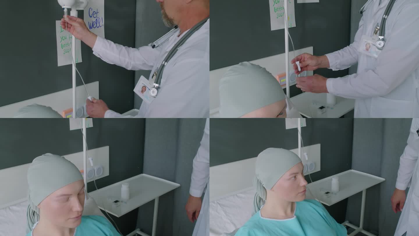 医务人员正在为肿瘤病人设置滴管