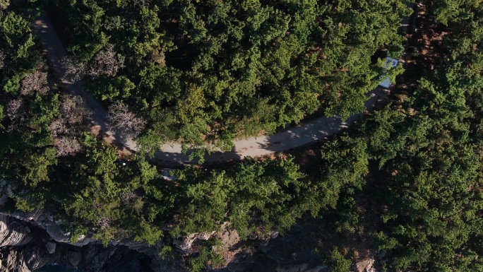 航拍俯瞰威海刘公岛后山环岛路与观光车