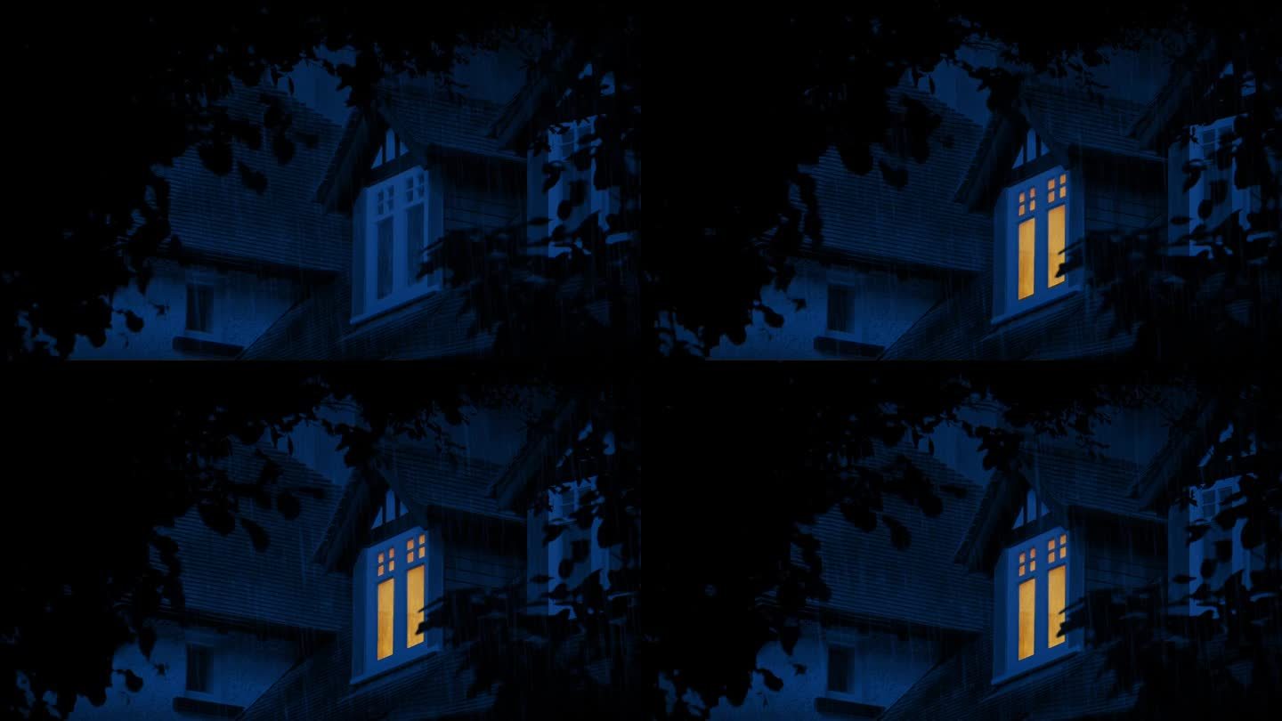 夜间暴雨中的房子有灯开或关
