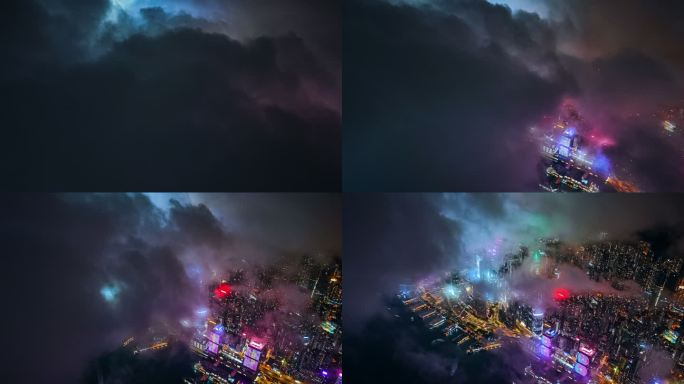 航拍香港维多利亚港夜景