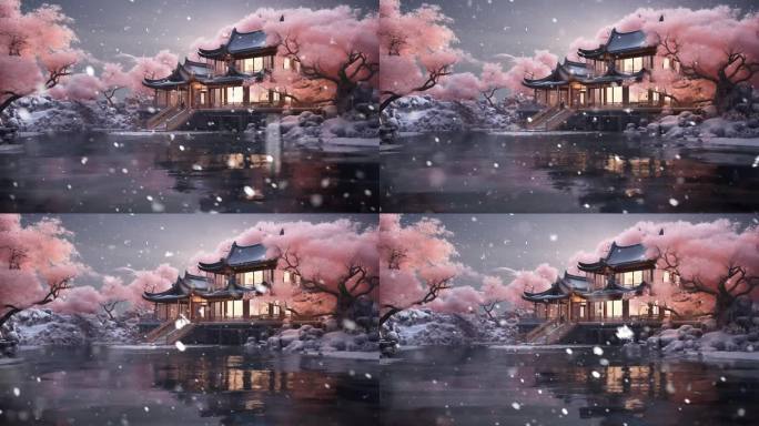 古风庭院下雪 中国风诗歌戏曲仙侠舞台背景