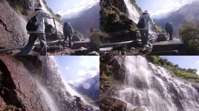 徒步登山旅行 风景 瀑布 背包旅行 旅客