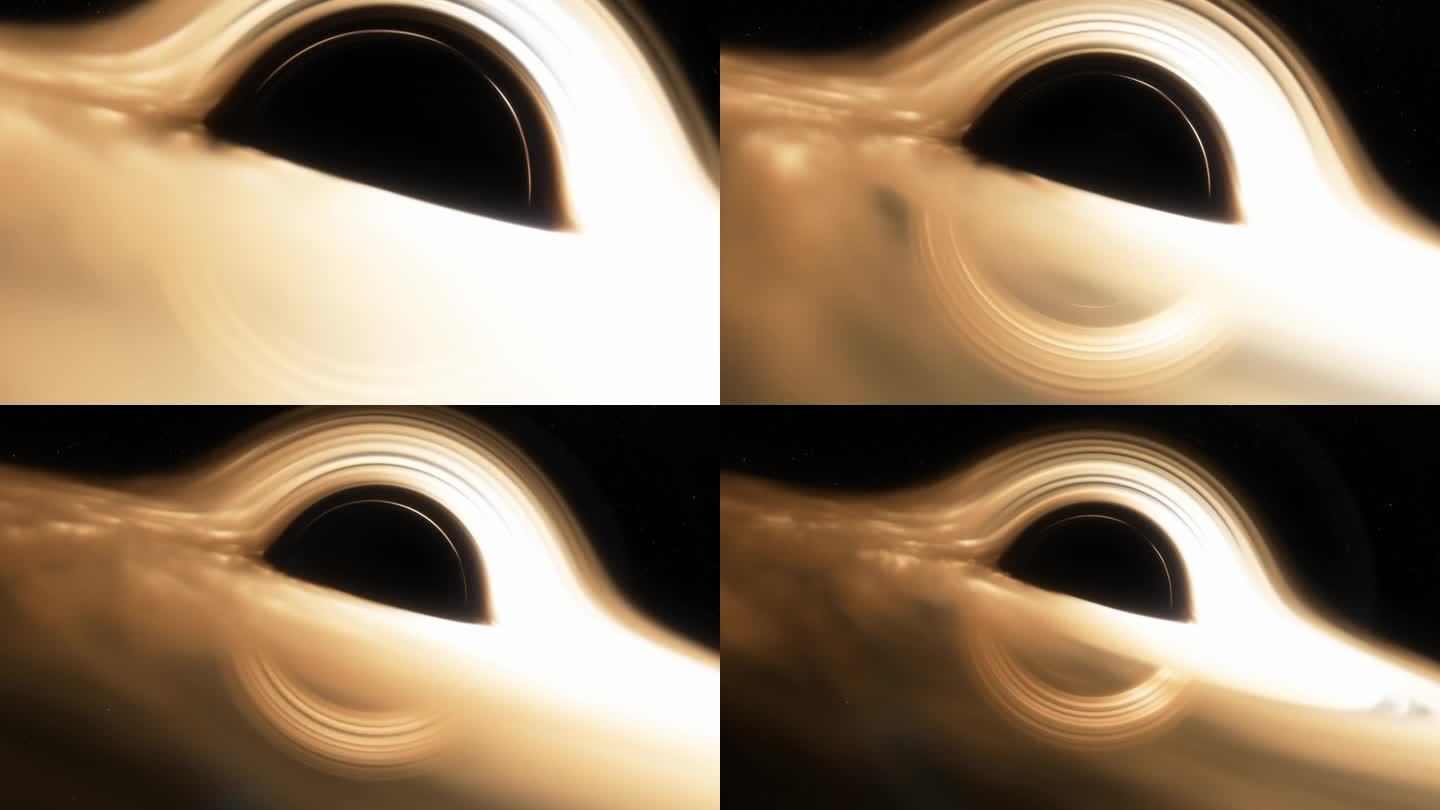 超大质量黑洞。黑洞视界上的物质吸积盘。空间、光和时间被视界上的强引力扭曲