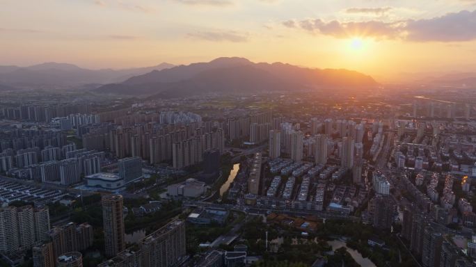 浙江台州城市日落风光航拍