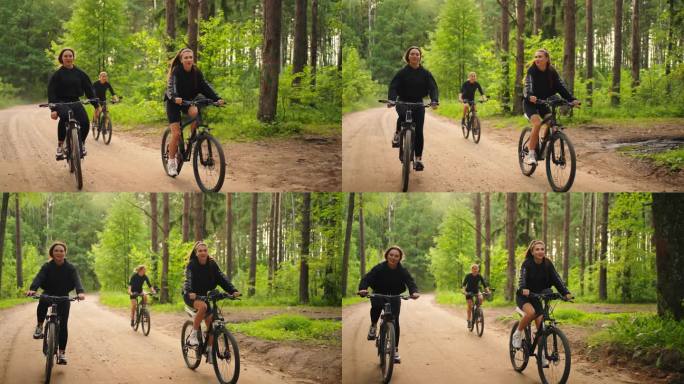 阳光明媚的早晨，美丽的森林里，快乐的年轻女子骑着自行车，快乐的女孩玩得开心
