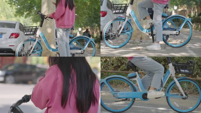 美女扫码共享单车骑行自行车
