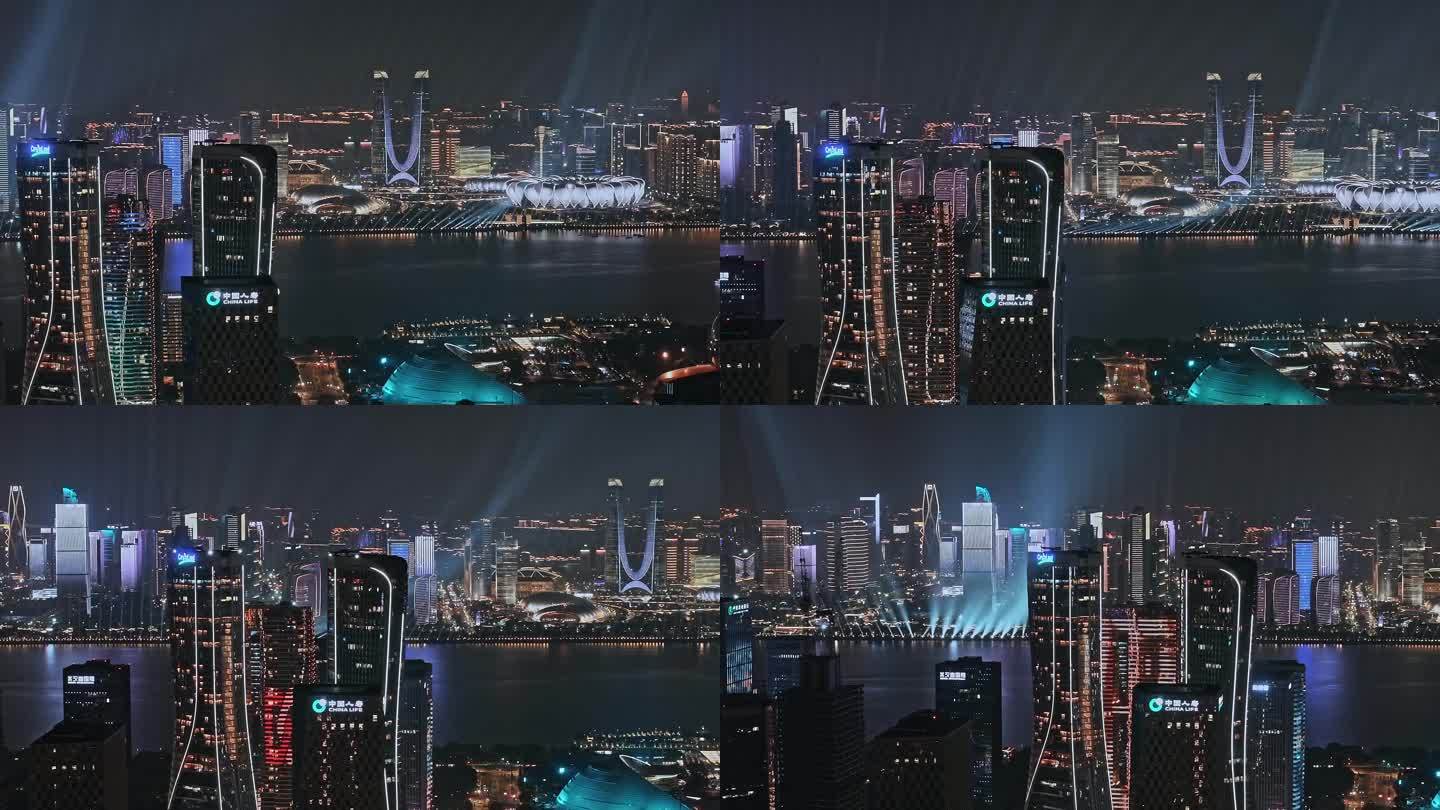 航拍杭州钱江两岸灯光秀夜景城市宣传片大片