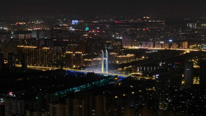 航拍湖州建筑桥梁双子塔喜来登夜景体育馆