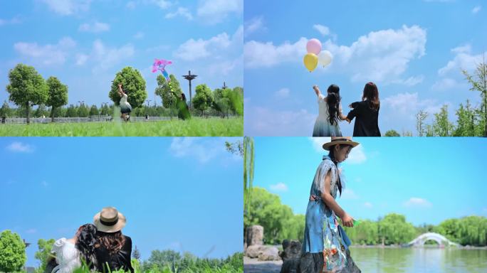 小女孩放风筝五彩气球阳光草地